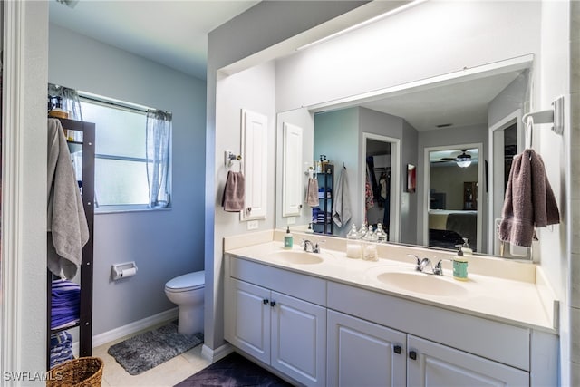 bathroom featuring ceiling fan, vanity, toilet, and tile patterned flooring