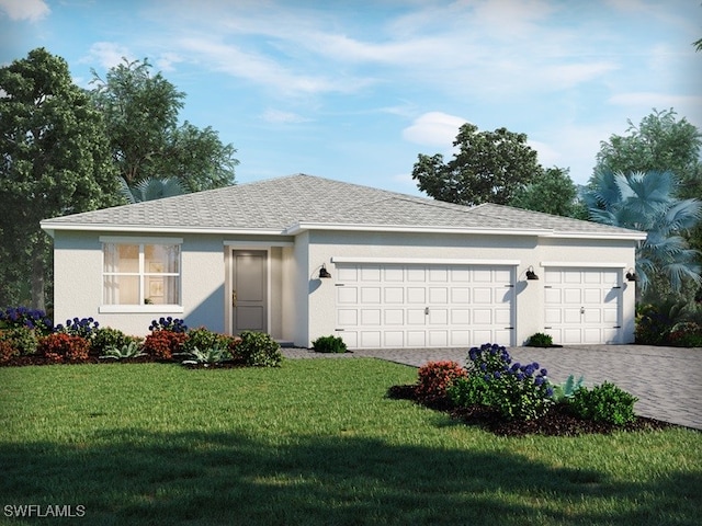 ranch-style home with a shingled roof, an attached garage, decorative driveway, a front lawn, and stucco siding