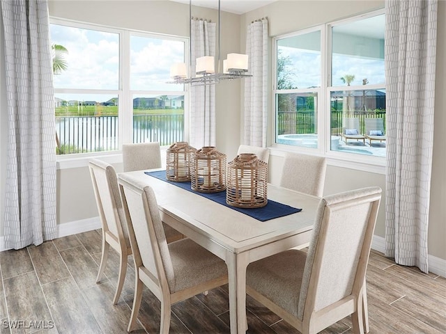 dining area featuring a water view, wood tiled floor, and a wealth of natural light