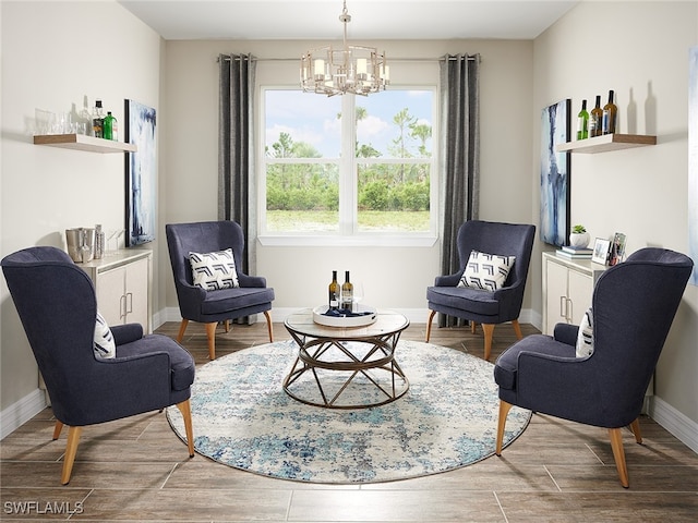 living area featuring a notable chandelier and hardwood / wood-style floors