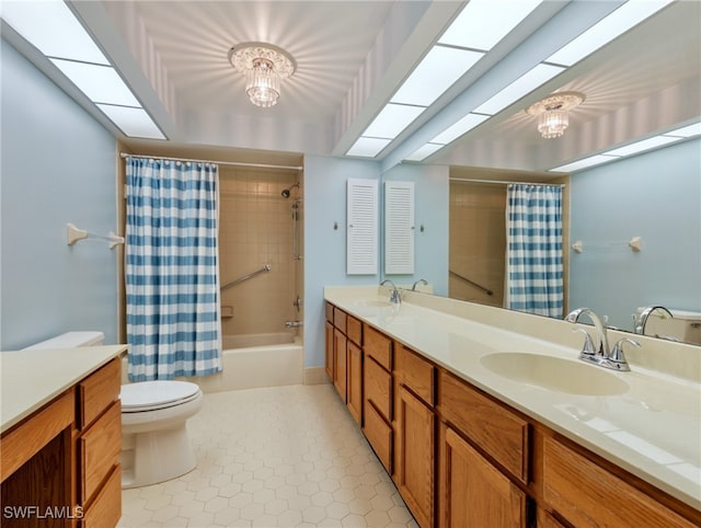 full bathroom with shower / tub combo, vanity, toilet, a chandelier, and tile patterned floors