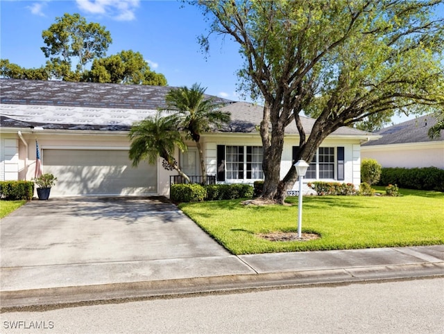 single story home with a garage and a front yard