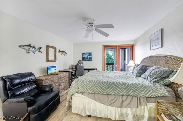 bedroom with ceiling fan, french doors, access to outside, and light wood-type flooring