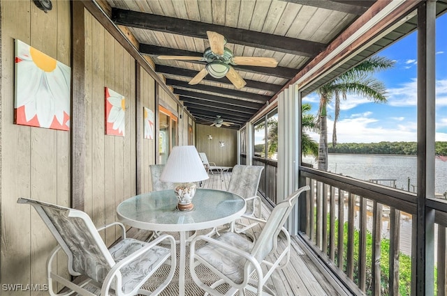 sunroom featuring wooden ceiling, ceiling fan, a water view, and beam ceiling