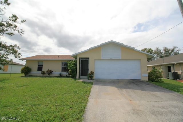 ranch-style home with central air condition unit, a front lawn, and a garage