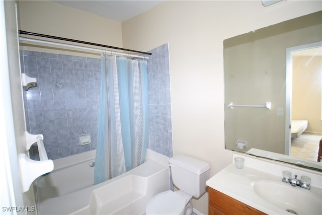 full bathroom featuring vanity, tile patterned flooring, toilet, and shower / bathtub combination with curtain