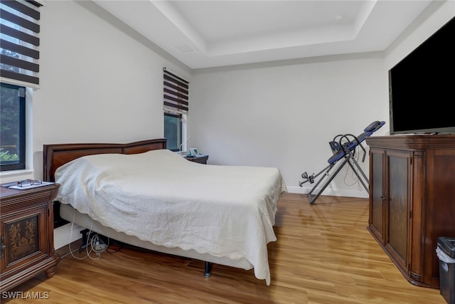 bedroom featuring light wood-type flooring and a raised ceiling