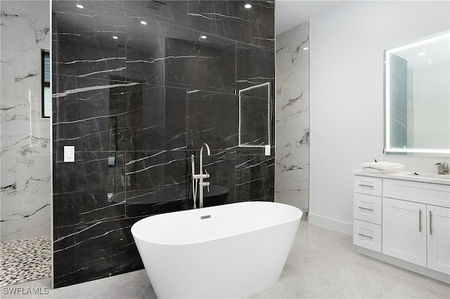 3660 4th Ave NE, Naples, FL 34120 - bathroom featuring a soaking tub, marble finish floor, vanity, and a marble finish shower