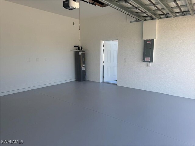 garage with water heater, a garage door opener, and electric panel