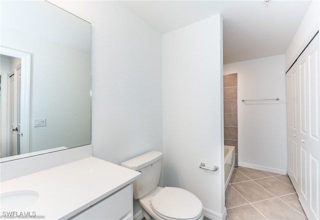 full bathroom with toilet, vanity, shower / bath combination, and tile patterned floors