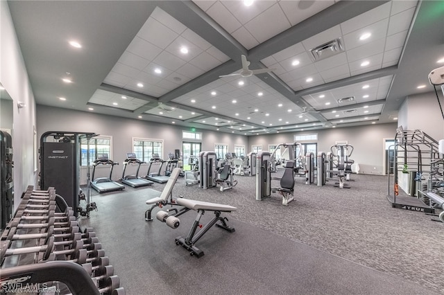 workout area featuring a paneled ceiling, ceiling fan, and coffered ceiling