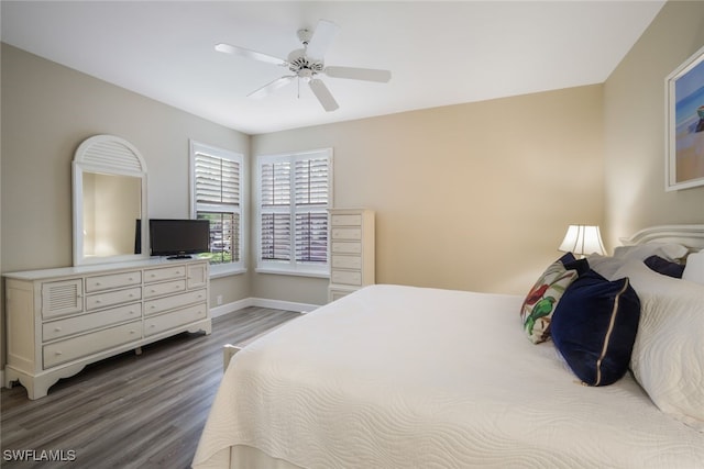 bedroom with ceiling fan and wood-type flooring