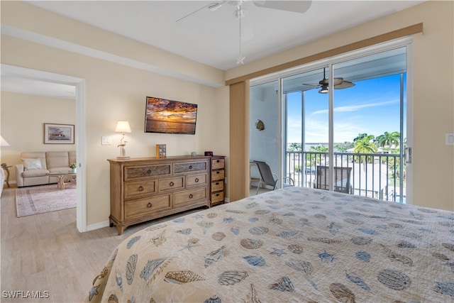 bedroom featuring access to exterior, ceiling fan, and light wood-type flooring