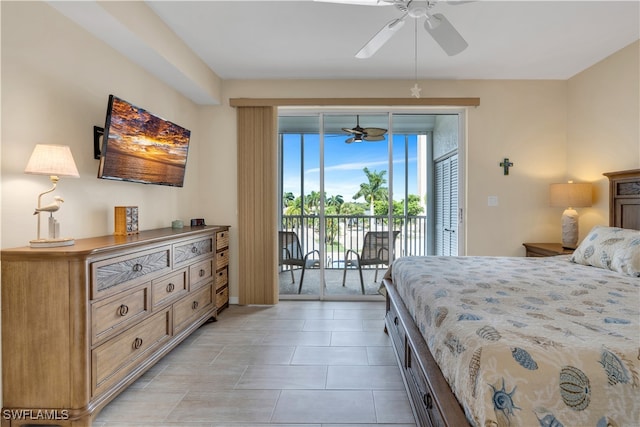 bedroom with ceiling fan and access to outside