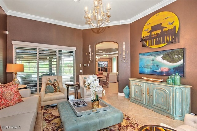 living room featuring light tile patterned flooring, ornamental molding, and an inviting chandelier