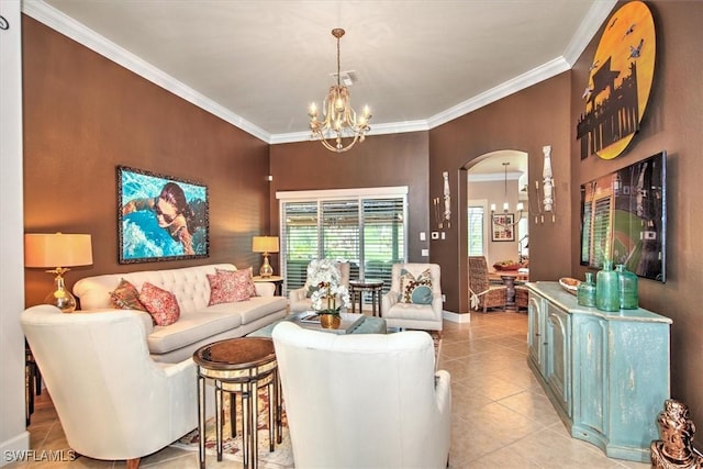 living room featuring crown molding, a notable chandelier, and light tile patterned flooring