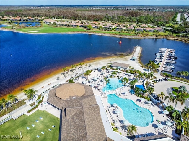 drone / aerial view featuring a water view