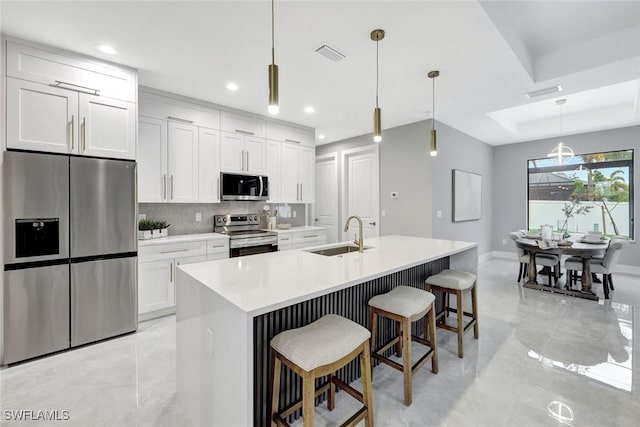 kitchen with stainless steel appliances, a sink, visible vents, white cabinetry, and tasteful backsplash