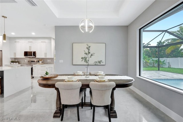 dining area featuring recessed lighting, a raised ceiling, visible vents, and baseboards