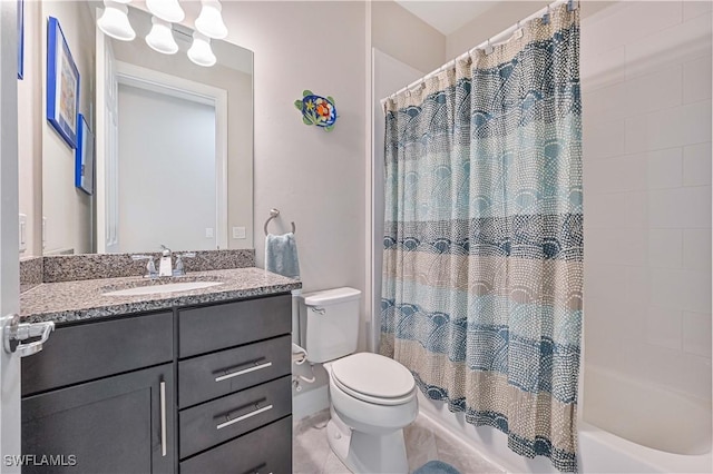 full bathroom with shower / bath combination with curtain, vanity, and toilet