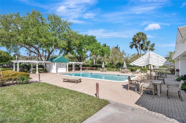 view of pool featuring a lawn, a patio, and a pergola