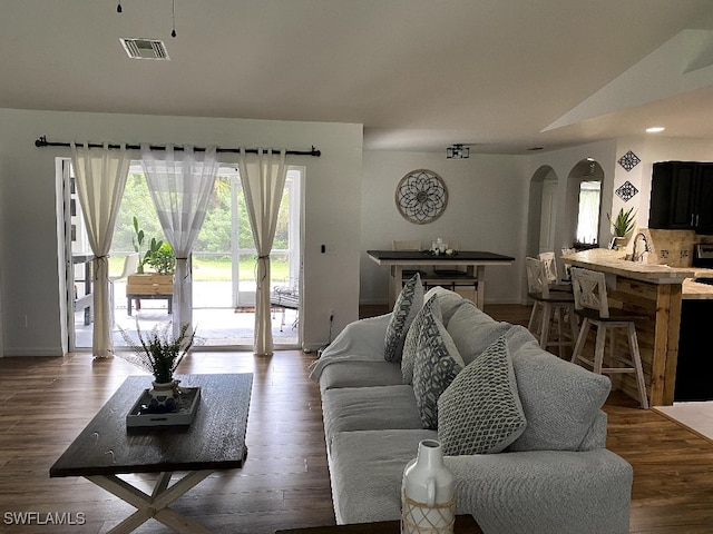 living room with sink and wood-type flooring