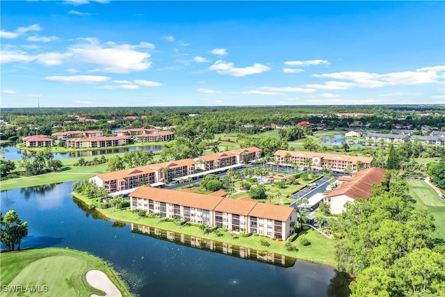 bird's eye view with a water view