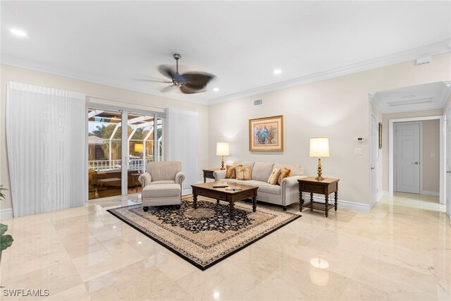 tiled living room with ceiling fan and crown molding