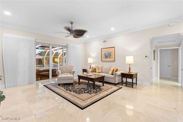 living room featuring marble finish floor, visible vents, a ceiling fan, ornamental molding, and baseboards