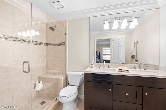 bathroom featuring an enclosed shower, crown molding, vanity, and toilet