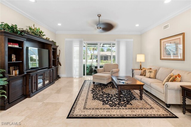 tiled living room featuring ceiling fan and ornamental molding