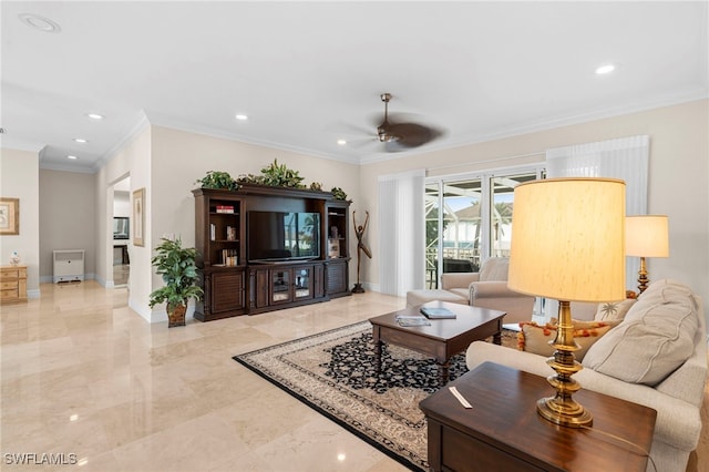 tiled living room featuring ceiling fan and crown molding