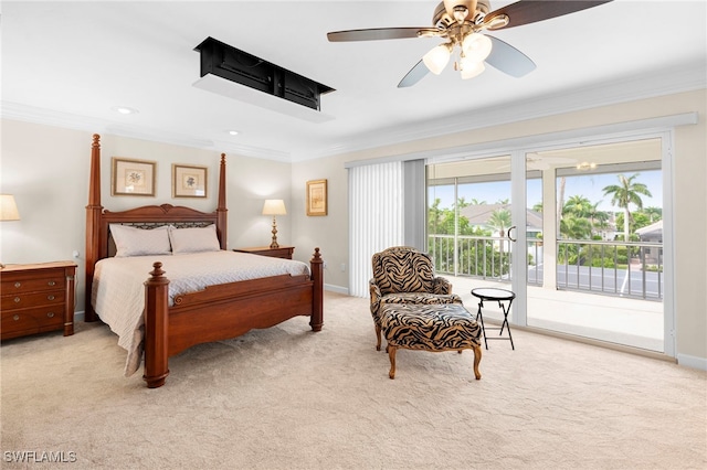 carpeted bedroom featuring ceiling fan, ornamental molding, and access to exterior