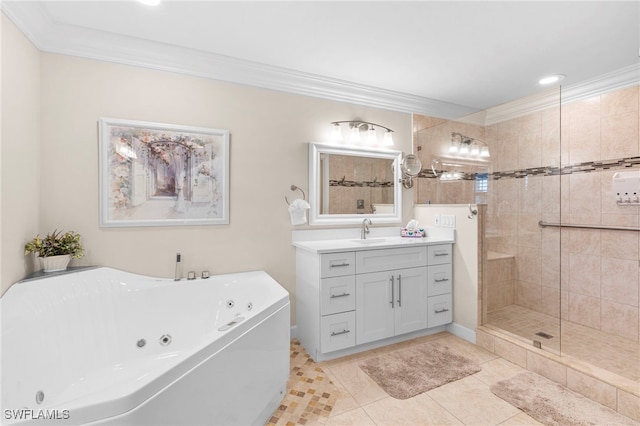 bathroom with separate shower and tub, tile patterned floors, ornamental molding, and vanity