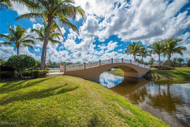 view of community with a water view and a lawn