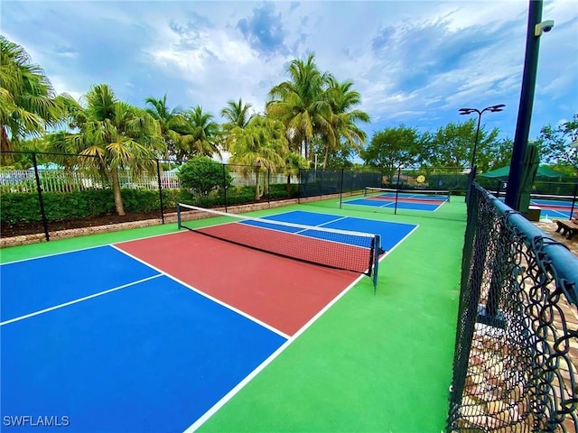 view of tennis court with fence