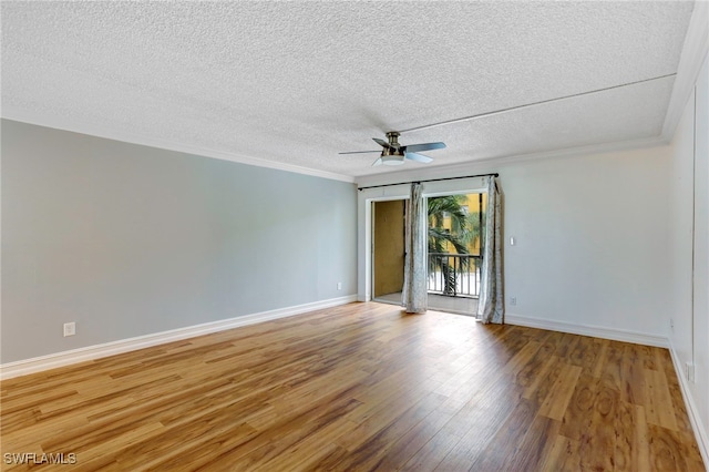 unfurnished room with ceiling fan, a textured ceiling, crown molding, and hardwood / wood-style floors