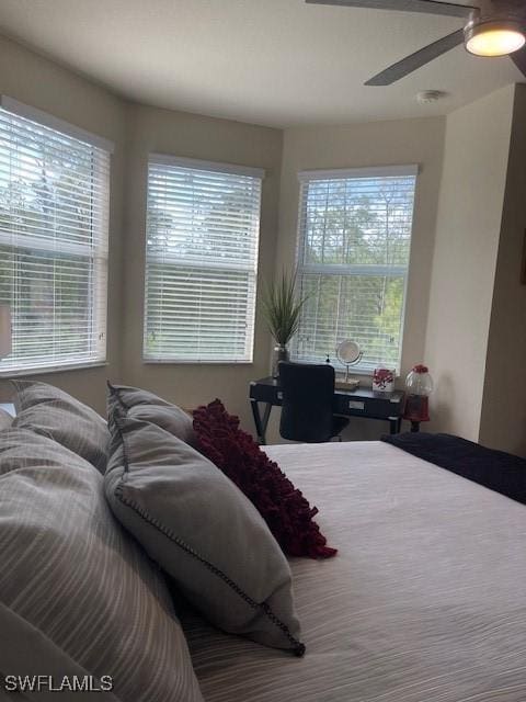 bedroom with multiple windows and ceiling fan