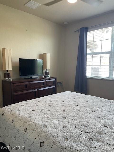 bedroom with ceiling fan and visible vents