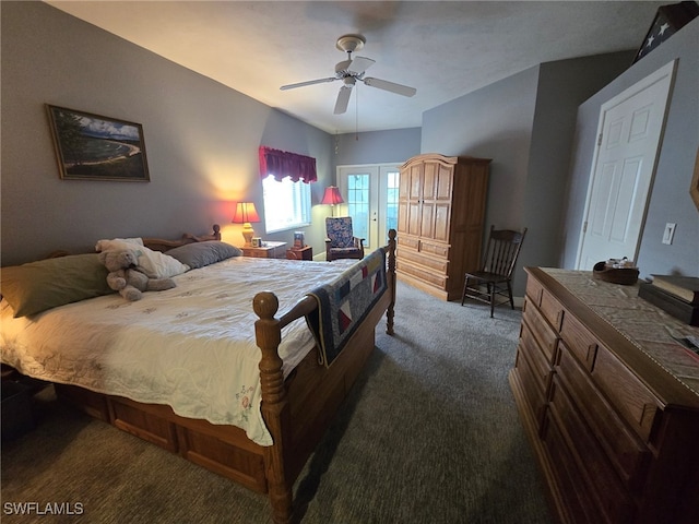 bedroom with dark carpet, ceiling fan, and french doors