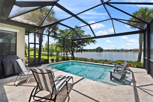 view of swimming pool featuring a lanai, a patio, a water view, and area for grilling