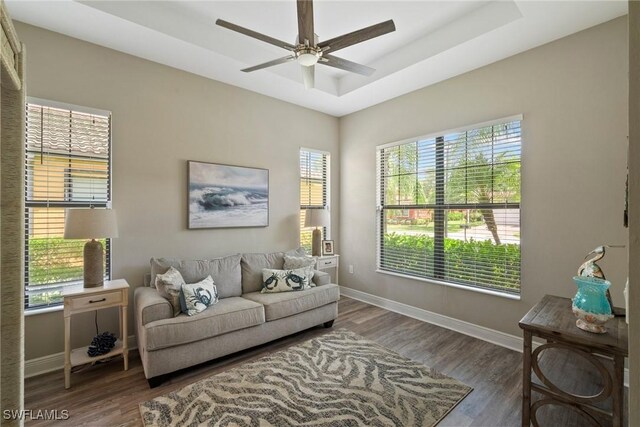 living room with ceiling fan, a raised ceiling, and dark wood-type flooring