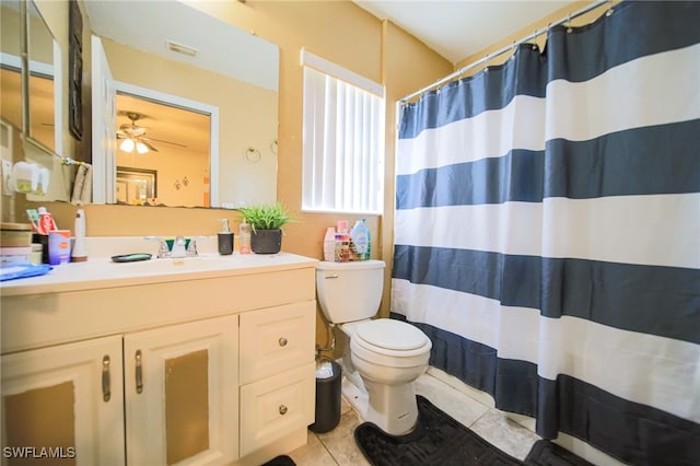 bathroom featuring vanity, walk in shower, toilet, tile patterned floors, and ceiling fan