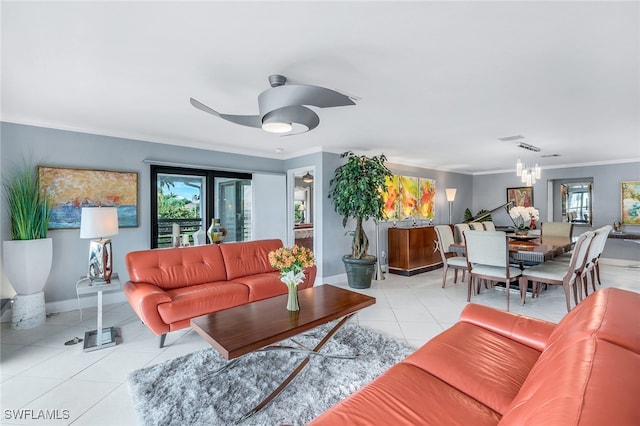 living room featuring ceiling fan with notable chandelier, crown molding, a healthy amount of sunlight, and light tile patterned flooring