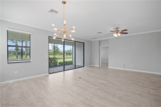 unfurnished room featuring ceiling fan with notable chandelier and ornamental molding