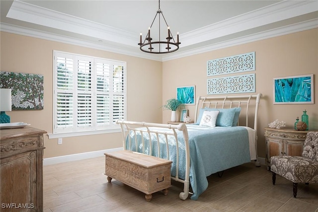 bedroom with crown molding, multiple windows, and a notable chandelier