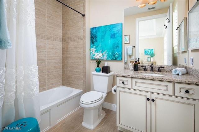 full bathroom featuring toilet, shower / bathtub combination with curtain, and vanity