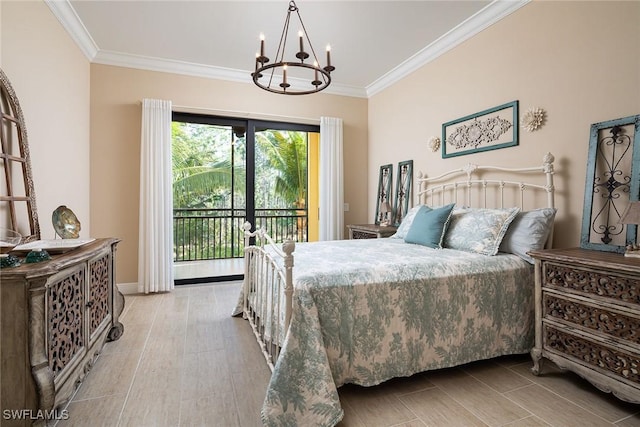 bedroom featuring light wood-type flooring, ornamental molding, access to outside, and an inviting chandelier