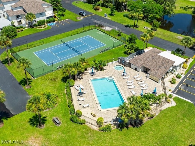 drone / aerial view featuring a water view