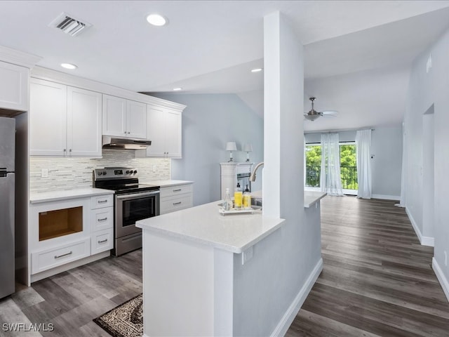 kitchen featuring backsplash, lofted ceiling, appliances with stainless steel finishes, and dark wood-type flooring